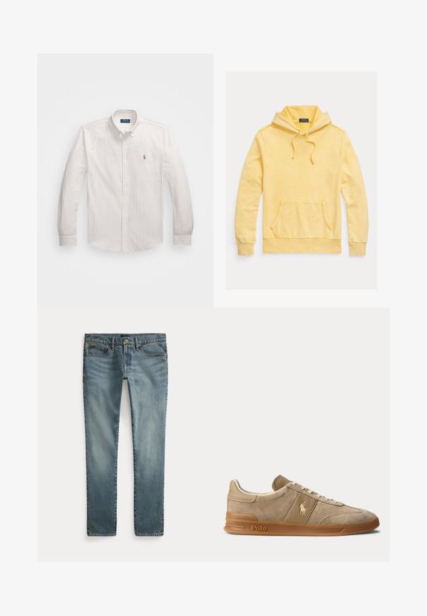 Gul bomulds-hoodie med frontlomme, justerbar snøre i hætten og logo broderi på brystet, med en blød, tekstureret finish.; Hvid skjorte med knapper og fine lodrette striber i lys beige. Har en klassisk krave, lange ærmer og et lille broderet logo på brystet.; Blå denim jeans med lige ben, forlommer, bæltestropper og knaplukning.; Beige ruskind og læder lav-top sneaker med gummisål, hvide snørebånd og Polo-logo på siden og sålen.