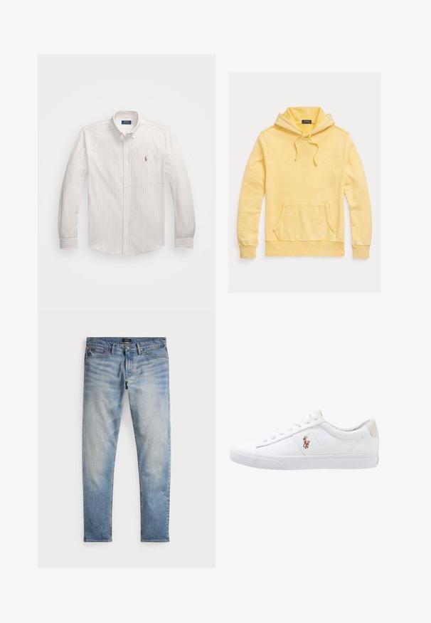 Gul bomulds-hoodie med frontlomme, justerbar snøre i hætten og logo broderi på brystet, med en blød, tekstureret finish.; Hvid skjorte med knapper og fine lodrette striber i lys beige. Har en klassisk krave, lange ærmer og et lille broderet logo på brystet.; Lys blå denimjeans med en falmet finish, fem-lomme design og kontraststing. Har lynlås og bæltesløjfer. Lige pasform.; Hvide kanvas sneakers med lågtop design, prydet med en beige hælkappe og et lille broderet logo på siden. Gummisål.