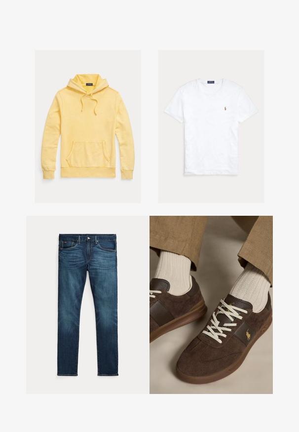 Gul bomulds-hoodie med frontlomme, justerbar snøre i hætten og logo broderi på brystet, med en blød, tekstureret finish.; Hvid T-shirt med rund hals og korte ærmer med lille broderet Polo Ralph Lauren-logo på venstre bryst og blå mærkeetiket indvendigt i kraven.; Mørkeblå slim-fit jeans med frontknap og lynlås, fem lommer og subtil falmen på forreste lår og knæ.; Brune ruskindssneakers med hvide snørebånd båret med beige ribstrikkede sokker og lysebrune bukser.