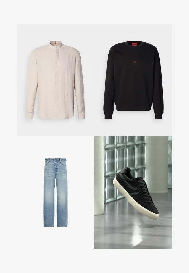 Sudadera negra de material suave con cuello redondo, puños acanalados y un pequeño logo rojo "HUGO" en el pecho. Diseño sencillo.; Camisa de lino beige claro de manga larga con cuello de banda, cierre frontal de botones y una textura sutil. Presenta un acento naranja en el escote.; Vaqueros azul claro de corte recto con un sutil desgaste y pequeñas zonas desgastadas cerca del dobladillo inferior en ambas piernas.; Zapatilla negra de perfil bajo con suela y cordones blancos, de la marca "BOSS", flotando en interiores cerca de ventanas de bloques de vidrio y pilares de hormigón.