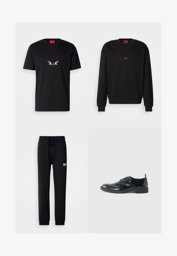 Zwarte sweatshirt van zacht materiaal met een ronde hals, geribbelde mouwen en een klein rood "HUGO" logo op de borst. Eenvoudig ontwerp.; Zwarte katoenen t-shirt met een grafische afbeelding aan de voorkant met het woord "HUGO" en twee gestileerde vogelontwerpen in lichte en donkere kleuren.; Zwarte joggingbroek van zachte stof, met een elastische tailleband met verstelbare verstelkoorden en een klein geborduurd logo aan de zijkant.; Glanzende zwarte lederen nette schoen met lage hak, vetersluiting en ronde neus, van opzij getoond tegen een effen lichte achtergrond.
