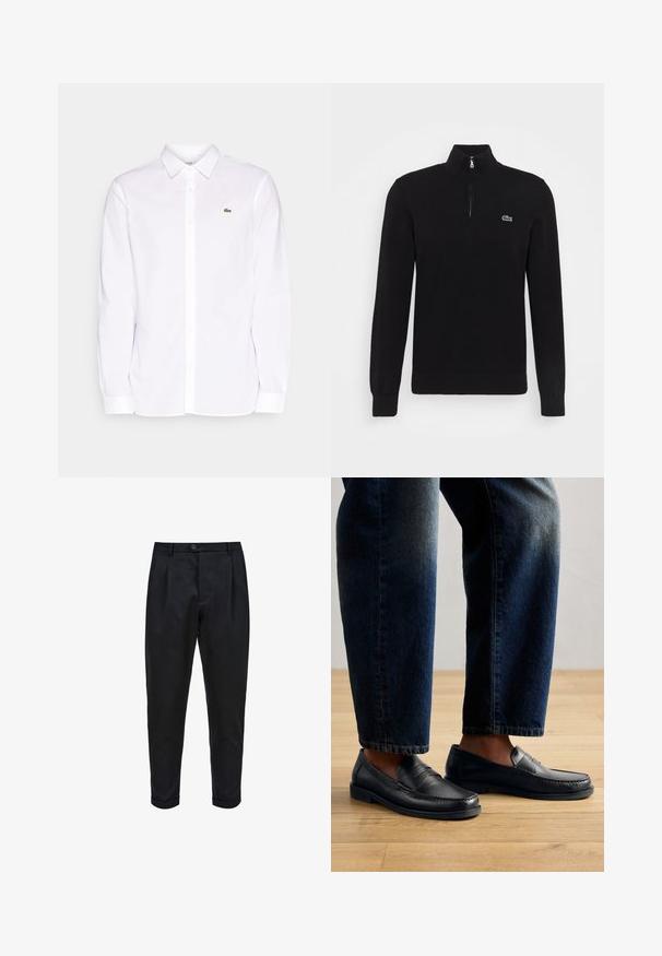 Zwarte gebreide pullover met een hoge kraag en een half-ritssluiting. Heeft een groen Lacoste-logo op de borst. Lange mouwen en geribde manchetten.; Witte lange mouwen shirt van katoen, met een button-down kraag, een groen geborduurd logo op de linkerkant van de borst en rechte mouwen.; Zwarte broek van een gladde stof, met een geplooide voorkant, taps toelopende pasvorm en opgerolde mouwen. Eenvoudige knoopsluiting bij de taille.; Zwarte leren instappers met gestikte details en textuurelementen, gedragen met donkerdenim, die een casual en gestroomlijnd ontwerp tonen.