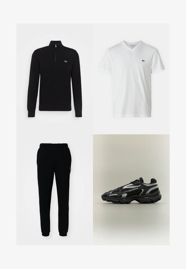 Must mustriba pullover kõrge kaelusega ja pool-pitsiga sulgemisega. Rinnal on roheline Lacoste logo. Pikkade varrukatega ja soonikustega mansetid.; Valge puuvillane T-särk V-kaelusega, lühikeste varrukatega ja väikese rohelise krokodillilogo vasakul rinnal. Lihtne ja kerge disain.; Mustad mustad püksid elastse vöökoht ja mansettidega. Valmistatud pehmest kangast, millel on väike logo vasakul ülal.; Must musta ja hõbedane Lacoste'i tenniseking, millel on võrgutaoline ja sünteetiline ülemine osa, ümar nina, tekstuuriga tald ja bränditud detailid külgedel neutraalsel taustal.