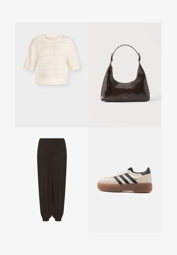 Pull en maille crème à manches courtes avec un col rond et des rayures horizontales en maille ajourée, présenté sur un fond uni.; Pantalon noir ample avec taille élastique et cordon de serrage, jambes fuselées avec poignets élastiques.; Baskets blanches et beiges avec des rayures noires, un talon noir, une étiquette "Spezial" en or, et une semelle épaisse translucide marron.; Sac à main Calvin Klein en cuir verni noir avec une seule bandoulière et une fermeture éclair dorée sur un fond uni.