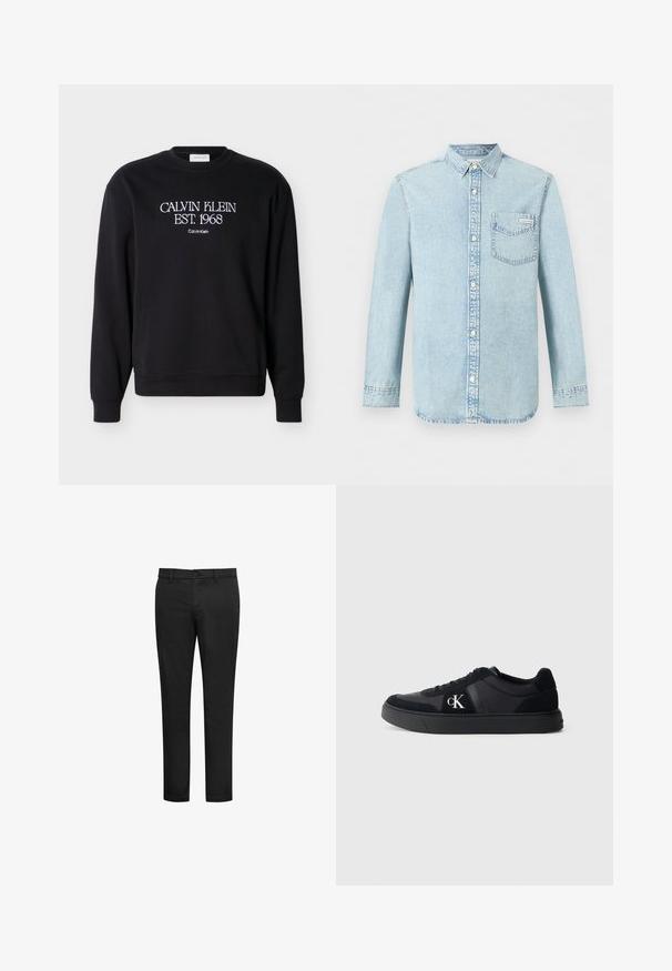 Sudadera negra de cuello redondo con texto blanco "CALVIN KLEIN EST. 1968" y un bordado más pequeño de "Calvin Klein" en el pecho.; Camisa de mezclilla azul claro de manga larga con apertura de botones en la parte delantera, un bolsillo en el pecho con el logo de Calvin Klein y cuello puntiagudo.; Pantalones negros fabricados con una mezcla de algodón, con un diseño de corte ajustado, parte delantera plana y cierre con botón. Sin patrones ni detalles visibles.; Deportiva negra de corte bajo con diseño de cordones, acentos de ante y logo blanco "cK" en el costado, ubicada sobre un fondo gris claro liso.