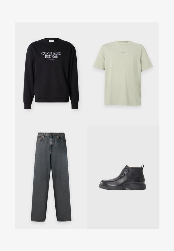 Sort crewneck-sweatshirt med hvid tekst "CALVIN KLEIN EST. 1968" og mindre "Calvin Klein" broderet på brystet.; Lys grøn bomulds t-shirt med rund hals, korte ærmer og et lille Calvin Klein-logo i en mørkere nuance trykt på brystet.; Mørkegrå denimjeans med lige ben, fem lommer og en knap- og lynlås-lukning. Stofmet har diskret falming og syninger.; Sorte læder ankelstøvler med rund tå, snørelukning og en løkke bagpå. Tekstureret overdel og gummisål.