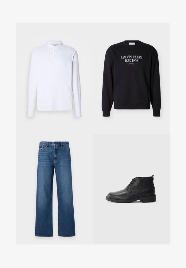 Sort crewneck-sweatshirt med hvid tekst "CALVIN KLEIN EST. 1968" og mindre "Calvin Klein" broderet på brystet.; Langærmet hvid polo-shirt lavet af blødt stof, med en klassisk krave, tre knaplukninger og et diskret logo på brystet.; Blå, højtaljede, straight-fit jeans med knapper og lynlås foran, fem lommer og en lille mærket patch på højre lomme.; Sorte læderstøvler med en tekstureret finish, rund tå, snørebånd foran og en robust gummisål. Har en lille træksløjfe bagpå.