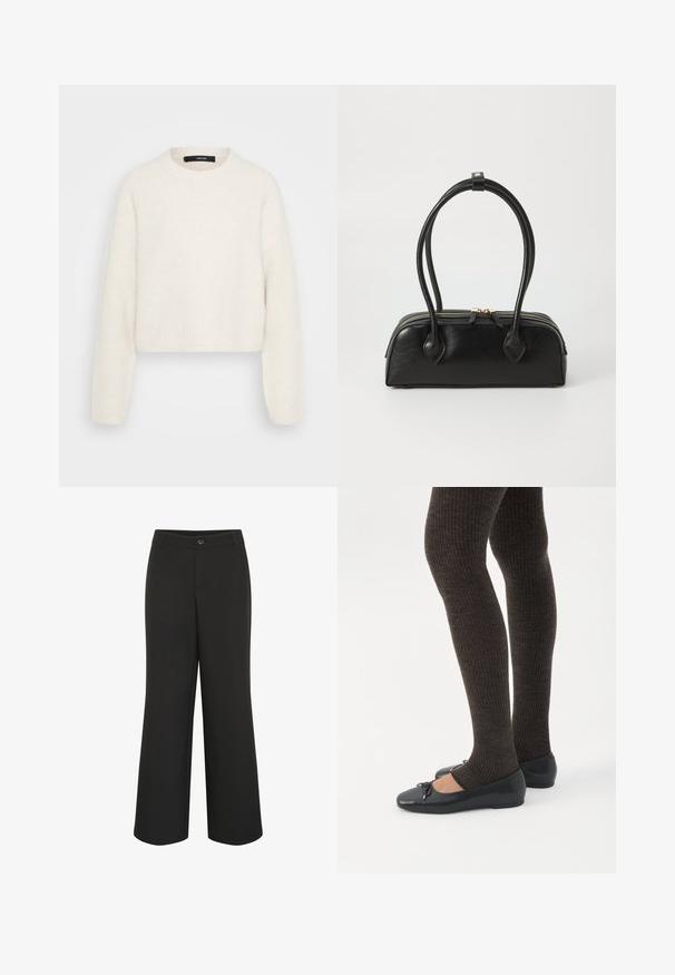 Cremefarvet ribbet striktrøje med lange ærmer og rund halsudskæring, kort længde og synlig mærkelabel indeni kraven.; Culture CUALAINE - Bukser - black; Ben iført mørke ribbede leggings kombineret med sorte balletsko med små sløjfedetaljer på hvid baggrund.; Sort læder håndtaske med to langstrakte håndtag, lynlåslukning og afrundet form; glat tekstur med en subtil blank finish.