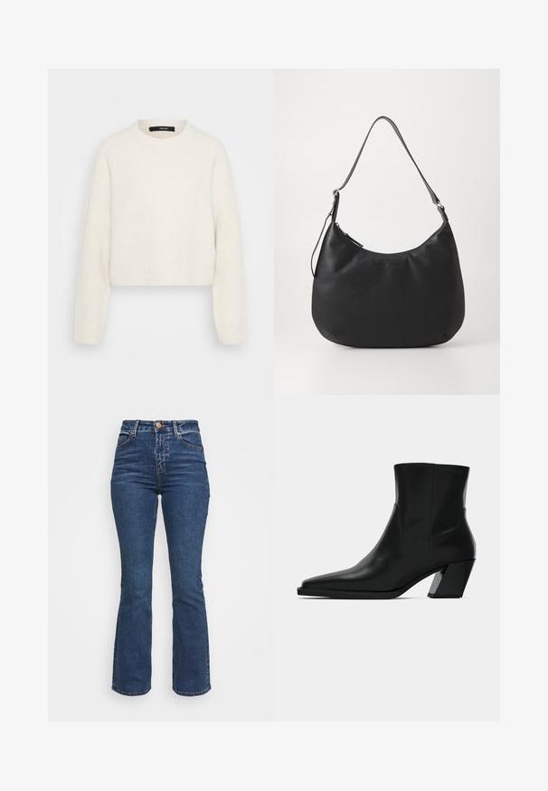 Crème kleurige geribbelde gebreide trui met lange mouwen en een ronde halslijn, cropped lengte, en zichtbaar merklabel binnenin de kraag.; Hoge taille blauwe jeans gemaakt van denim. Flared leg ontwerp met een knoopsluiting en zakken. Beschikt over een klassieke wassing en stiksel details.; Zwarte leren enkelboot met een spitse neus, een slanke silhoeet en een chunky vierkante hak. Gladde textuur met minimale stikdetails.; Zwarte hobo tas gemaakt van glad, duurzaam materiaal. Heeft een enkele verstelbare schouderriem en een subtiele geperste logo op de voorkant.