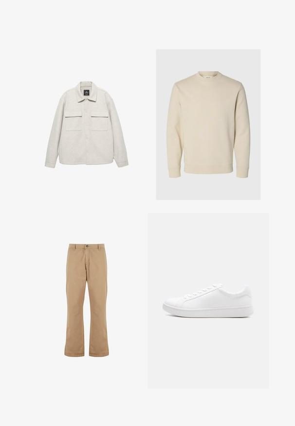 Sweat-shirt crème à manches longues avec col rond, poignets et ourlet côtelés, présenté sur un fond clair uni.; Veste en sherpa gris clair avec un devant boutonné, deux poches poitrine et un col classique. Texture douce et design décontracté.; Pantalons en coton beige à coupe droite, dotés d'une fermeture à bouton, de poches avant et d'une texture lisse.; Baskets blanches basses à lacets, tige en cuir lisse et semelle épaisse en caoutchouc, vues de profil sur un fond uni.