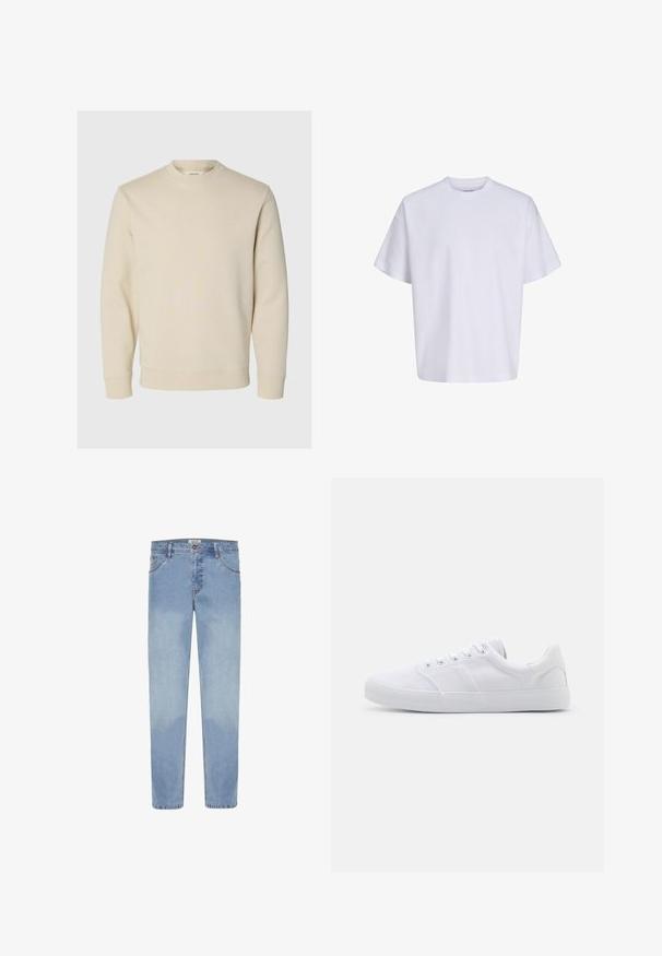 Crèmekleurige sweater met lange mouwen en ronde hals met geribde boorden en zoom, afgebeeld op een eenvoudige lichte achtergrond.; Effen witte oversized T-shirt met korte mouwen, ronde hals en losse pasvorm tegen een witte achtergrond.; Lichtblauwe denim jeans met een rechte pasvorm, ontwerp met vijf zakken en zichtbare stiksels. Het materiaal is glad met een lichte vervaagwerking.; Witte canvas sneakers met een rubberen zool, voorzien van zes oogjes, een gestructureerde neuskap en een minimalistisch ontwerp.