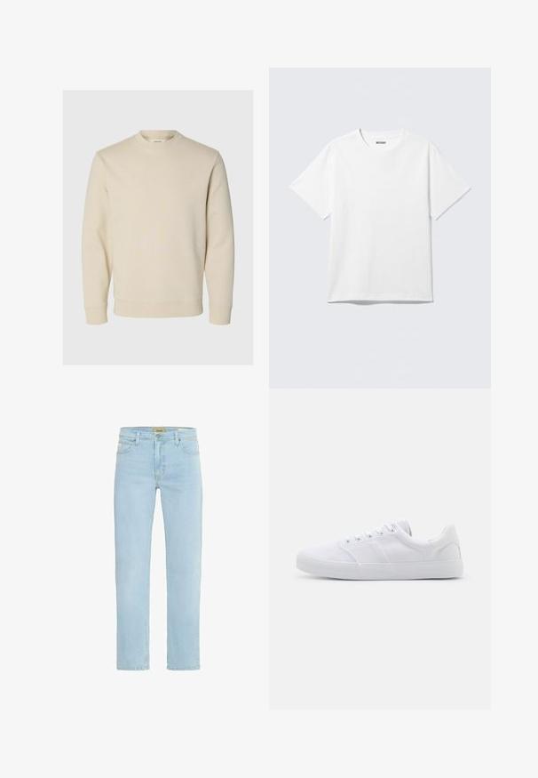 Cremefarbenes Sweatshirt mit langen Ärmeln und Rundhalsausschnitt, mit gerippten Bündchen und Saum, auf einem einfachen hellen Hintergrund dargestellt.; Weißes T-Shirt mit kurzen Ärmeln und Rundhalsausschnitt, flach liegend, schlichtes Design, mit „WEEKDAY“-Etikett innen im Kragen auf hellem Hintergrund.; Hellblaue Jeans aus Denim mit geradem Schnitt, fünf Taschen, dezentem verblassen und einem klassischen Bund mit einer vorderen Knopfverschluss.; Weiße Leinenschuhe mit Gummisohle, ausgestattet mit sechs Ösen, einer strukturierten Zehenkappe und minimalistischer Gestaltung.