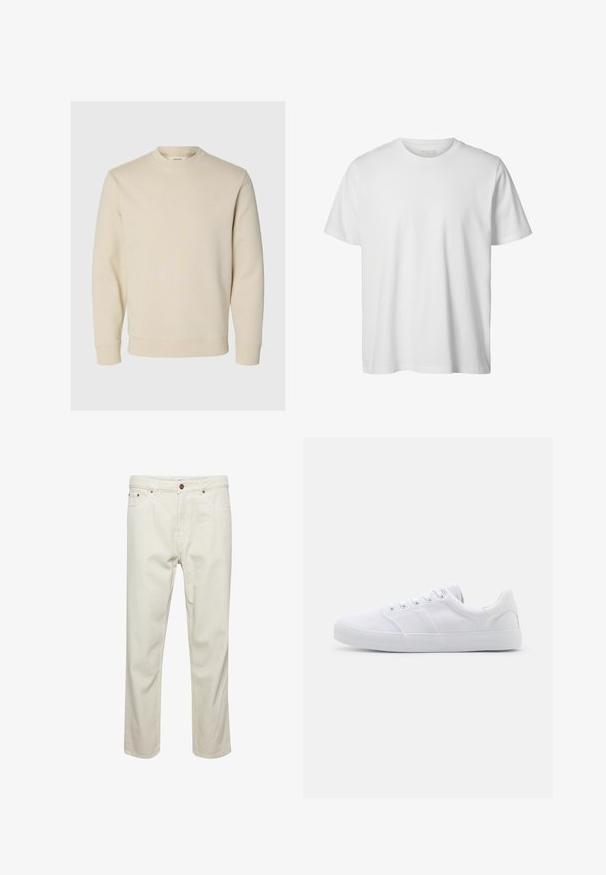 Langærmet cremefarvet sweatshirt med rund halsudskæring, ribbet manchetter og kant, vist på en enkel lys baggrund.; Enkelt hvid T-shirt med korte ærmer og rund hals, løs pasform og uden synlige logoer eller designs foran.; Beige bomuldsbukser med lige snit, fem lommer, knaplukning og subtile syninger. Ensartet struktur uden synlige mønstre.; Hvide lærreds sneakers med gummisål, der har seks snørehuller, en struktureret tåkap og et minimalistisk design.