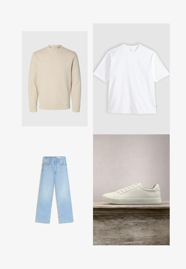 Sweat-shirt crème à manches longues avec col rond, poignets et ourlet côtelés, présenté sur un fond clair uni.; T-shirt blanc à manches courtes en coton, doté d'un col rond et d'une coupe droite. Étiquette visible sur l'ourlet latéral inférieur.; Jean large taille haute bleu clair avec poches avant, passants de ceinture et fermeture par bouton.; Sneaker en dentelle blanche flottant au-dessus d'un banc en bois avec un feuillage vert en arrière-plan, mettant en valeur le design et la texture de la chaussure.