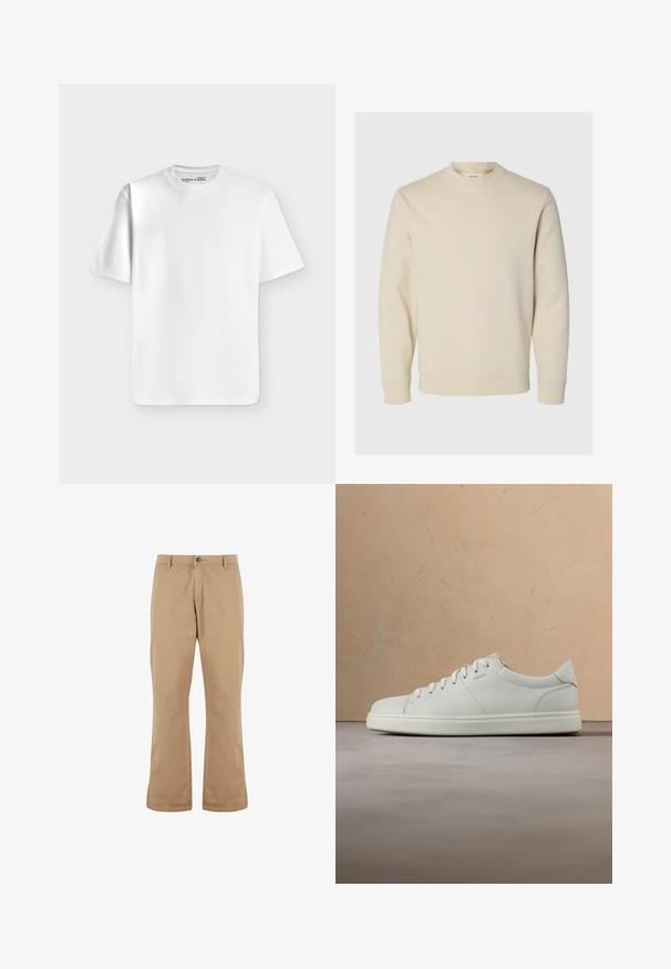 Sweat-shirt crème à manches longues avec col rond, poignets et ourlet côtelés, présenté sur un fond clair uni.; T-shirt blanc uni à manches courtes et col rond, posé à plat sur un fond gris clair avec une petite étiquette de marque à l’intérieur du col.; Pantalons en coton beige à coupe droite, dotés d'une fermeture à bouton, de poches avant et d'une texture lisse.; Baskets en cuir blanc avec une texture lisse, un bout rond et des lacets plats. Elles présentent un logo discret et une semelle légère.