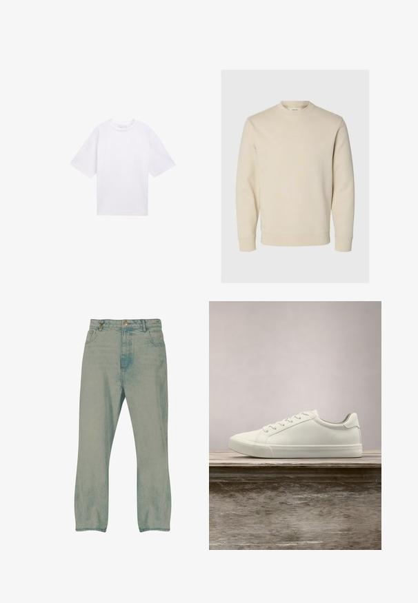 Sudadera de manga larga color crema con cuello redondo, puños y bajo acanalados, presentada sobre un fondo claro liso.; Camiseta blanca de manga corta hecha de algodón. Corte relajado con cuello redondo. Textura suave y sin patrones o acentos visibles.; Vaqueros de pierna recta en azul claro con botón delantero, trabillas para cinturón y bolsillos delanteros, mostrados sobre un fondo blanco.; Zapatilla blanca con cordones flotando sobre un banco de madera con follaje verde al fondo, mostrando el diseño y la textura del zapato.