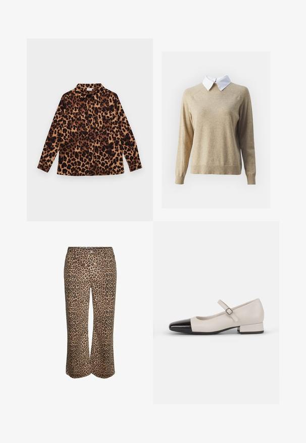 ONLY ONLANGIE LIFE MIX COLLAR - Svetrík - tannin; Košela s leopardím vzorom, ktorá má gombíkový dizajn, dlhé rukávy, dve náprsné vrecká a golier. Vyrobená z mäkkej tkaniny s teplou farebnou paletou.; Široké krátke nohavice s leopardím vzorom, predným zapínaním na gombík a zips, vyrobené z mäkkej tkaniny.; Topánky v štýle Mary Jane z krémovej kože s čiernym lakovaným prstom. Majú okrúhlu špičku, členkový remienok so štvorcovou prackou a nízky blokový podpätok.
