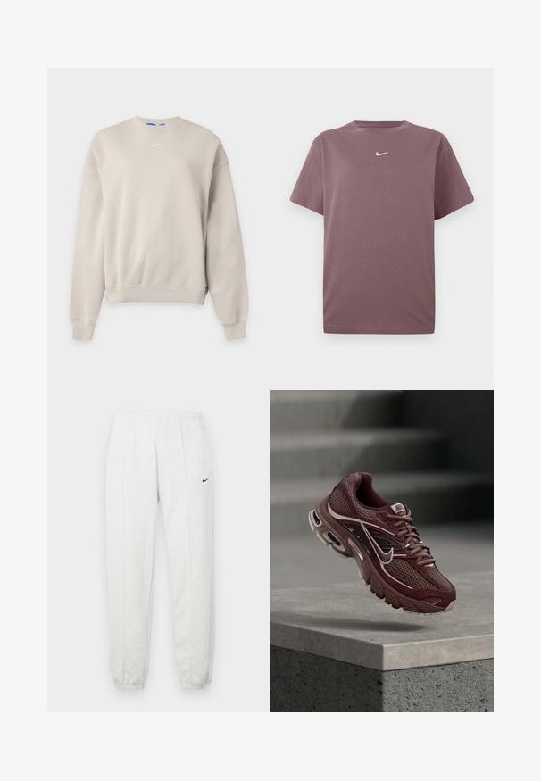 Ανοιχτό μπεζ φούτερ Nike με στρογγυλή λαιμόκοψη, μακριά μανίκια, ριμπ μανσέτες και τελείωμα, με μικρό λευκό λογότυπο Nike swoosh στο στήθος.; Μαυρό καφέ κοντομάνικο μπλουζάκι με λαιμόκοψη, με μικρό λευκό σήμα Nike στο κέντρο του στήθους, τοποθετημένο σε λευκό φόντο.; Ανοιχτό γκρι φόρμα Nike με ελαστική μέση, στενά μανσέτες και μικρό μαύρο λογότυπο στο αριστερό μηρό. Μαλακό, υφασμάτινο ύφασμα με υφή.; Μαύρο-καφέ παπούτσι τρεξίματος Nike με ύφασμα διχτυού, επενδεδυμένο γιακά, παχιά σόλα και λευκές λεπτομέρειες. Ο σχεδιασμός διαθέτει στρογγυλεμένη μύτη και έντονα κορδόνια.