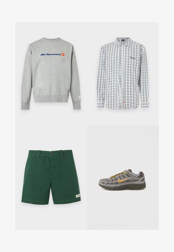Ανοιχτό γκρι φούτερ Nike με μπλε κείμενο "Nike Sportswear" και μικρό πορτοκαλί λογότυπο Nike στο στήθος, λευκό λογότυπο Nike στο αριστερό μανσέτα του καρπού.; Καρό πουκάμισο με κουμπιά σε λευκό, πράσινο και μπλε. Διαθέτει μακριά μανίκια, γιακά, δύο εμπρόσθιες τσέπες και κέντημα λογοτύπου στο στήθος.; Σκούρα πράσινα σορτς μήκους μέχρι το γόνατο με θηλιές για ζώνη, κούμπωμα με κουμπί και φερμουάρ, πλαϊνές τσέπες και ένα μικρό λογότυπο στο τελείωμα.; Γκρι σουέντ αθλητικό παπούτσι με χρυσές λεπτομέρειες, υφασμάτινα πάνελ και κορδόνια στο ίδιο χρώμα. Διαθέτει μαξιλαρωμένη σόλα και λογότυπο στο πλάι.