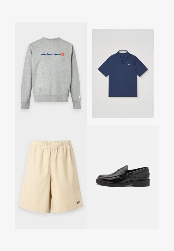 Ανοιχτό γκρι φούτερ Nike με μπλε κείμενο "Nike Sportswear" και μικρό πορτοκαλί λογότυπο Nike στο στήθος, λευκό λογότυπο Nike στο αριστερό μανσέτα του καρπού.; Πουκάμισο κοντομάνικο σε ναυτικό μπλε χρώμα με γιακά τύπου κάμπινγκ και μικρό λευκό λογότυπο Ellesse στο αριστερό στήθος.; Μπεζ σορτς από κορντόρι με ελαστική μέση και ραμμένη ετικέτα στο κάτω δεξιό μέρος. Το ύφασμα έχει υφή με ριγέ μοτίβο.; Μαύρα δερμάτινα loafers με λεία επιφάνεια, στρογγυλή μύτη, χαμηλό τακούνι και διακοσμητικό ράψιμο μπροστά. Εξωτερική σόλα από καουτσούκ για πρόσφυση.
