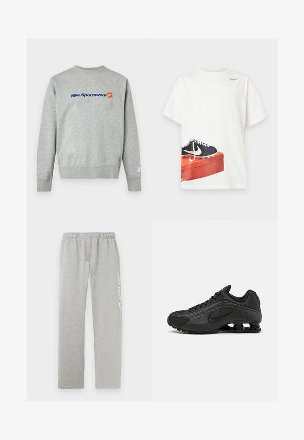 Svetlosivá mikina Nike s modrým nápisom "Nike Sportswear" a malým oranžovým logom Nike na hrudi, biele logo Nike na ľavom manžetovom leme.; Biele tričko s krátkym rukávom s potlačou čierneho futbalového kopačky Nike na opotrebovanej červenej škatuľke na obuv pri leme a malým logom pri výstrihu.; Sivé teplákové nohavice vyrobené z mäkkého materiálu s elastickým pásom. Na jednej nohe je biely nápis "JUST DO IT" a logo Nike Swoosh.; Čierne bežecké topánky s hladkým syntetickým zvrškom, perforovanými akcentmi, textúrovanými bočnými panelmi a výraznou pružnou podrážkou.
