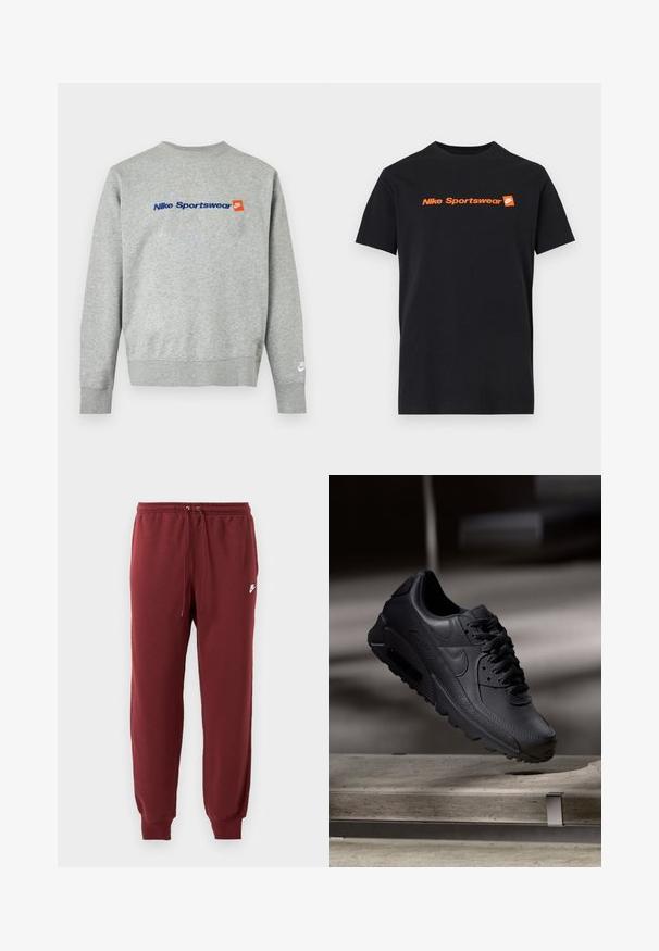 Hellgrauer Nike-Sweatshirt mit blauem "Nike Sportswear"-Schriftzug und kleinem orangem Nike-Logo auf der Brust, weißes Nike-Logo am linken Ärmelbündchen.; Schwarzes T-Shirt mit kurzen Ärmeln, orangefarbenem "Nike Sportswear" Schriftzug und kleinem Nike Swoosh-Logo auf quadratischem Hintergrund in der Brustmitte.; Burgunderfarbene Sweatpants aus weichem Material, mit elastischem Bund und Kordelzug sowie schmal zulaufenden Bündchen, versehen mit einem kleinen weißen Logo.; Schwarze Nike Air Max Sneaker mit einem strukturierten Leder-Obermaterial, Gummisohle und auffälligem Schnürsystem, das ein schlankes, modernes Design präsentiert.