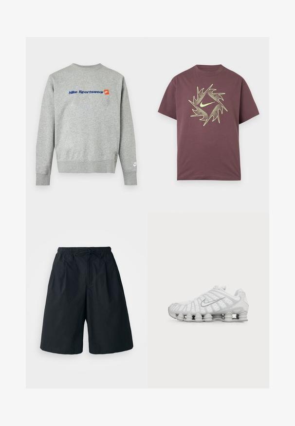 Sudadera Nike gris claro con texto azul "Nike Sportswear" y pequeño logo naranja de Nike en el pecho, logo blanco de Nike en el puño izquierdo.; Camiseta de manga corta color burdeos con un diseño abstracto circular espinado en neón amarillo y un logo central de swoosh en el pecho.; Pantalones cortos negros con cintura elástica y cordón ajustable. Hechos de una tela suave, con un corte holgado y sin patrones visibles.; Zapatilla de running blanca Nike con suela visible con amortiguación de aire y logo swoosh plateado en el lateral, mostrada desde el lado exterior.