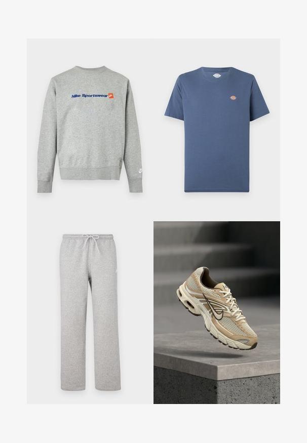 Hellgrauer Nike-Sweatshirt mit blauem "Nike Sportswear"-Schriftzug und kleinem orangem Nike-Logo auf der Brust, weißes Nike-Logo am linken Ärmelbündchen.; Einfaches blaues T-Shirt mit kurzen Ärmeln und Rundhalsausschnitt, mit kleinem rundem mehrfarbigem Logo auf der linken Brustseite.; Graue Jogginghosen mit einem elastischen Bund und Kordelzug. Hergestellt aus weichem Stoff, zeichnen sie sich durch gerade Beine und ein dezentes Logodetail aus.; Beiger und weißer Nike Laufschuh mit Mesh-Paneelen und schwarzem Swoosh, schwebt über einem Betonsims mit unscharfen Treppen im Hintergrund.