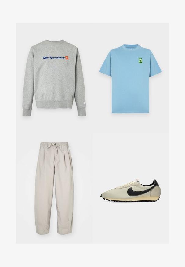 Ανοιχτό γκρι φούτερ Nike με μπλε κείμενο "Nike Sportswear" και μικρό πορτοκαλί λογότυπο Nike στο στήθος, λευκό λογότυπο Nike στο αριστερό μανσέτα του καρπού.; Ανοιχτό μπλε βαμβακερό T-shirt με στρογγυλή λαιμόκοψη και κοντά μανίκια, με πράσινο λογότυπο καρτούν σε ύφασμα στο αριστερό μέρος του στήθους.; Μπεζ, ελαφριά παντελόνια με ελαστική μέση και κορδόνι. Διαθέτουν πτυχώσεις και άνετη εφαρμογή, κατασκευασμένα από μαλακό, λείο ύφασμα.; Μπεζ καμβαδίνη αθλητικά με μαύρες δερμάτινες λεπτομέρειες, στρογγυλή μύτη, επίπεδη μαύρη σόλα και λευκές κορδόνες. Διαθέτει έντονο μαύρο λογότυπο.