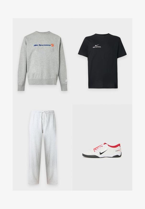 Helehall Nike pusa sinise "Nike Sportswear" tekstiga ja väikese oranži Nike logoga rinna piirkonnas, valge Nike logo vasakul randmeserval.; Mustast puuvillasest T-särk ümarate kaeluseäärtega. Esiküljel valge Nike logo ja tekst "NIKE OFFICIAL". Lühikesed varrukad.; Hallid dressipüksid, mis on valmistatud pehmest kangast, millel on elastne vöökoht paelaga ja sirged sääred. Muster või aktsendid puuduvad.; Valge sportlik king, millel on punased aktsendid, must Swooshi logo ja tekstureeritud disain. Omab valgeid paelu ja musta tallat. Tekst "total90."