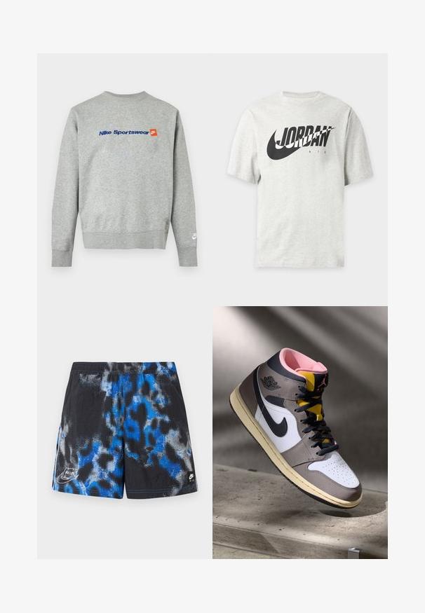 Svetlosivá mikina Nike s modrým nápisom "Nike Sportswear" a malým oranžovým logom Nike na hrudi, biele logo Nike na ľavom manžetovom leme.; Svetlosivé tričko s krátkym rukávom s čiernym logom Nike a textom "JORDAN AIR" na prednej strane.; Čierne športové šortky s modro-šedým abstraktným vzorom, elastickým pásom a logami Nike Air na spodnej ľavej a pravej strane.; Biele, šedé a čierne vysoké tenisky Nike Air Jordan s ružovým interiérom a žltým jazykom, umiestnené na betónovom povrchu.