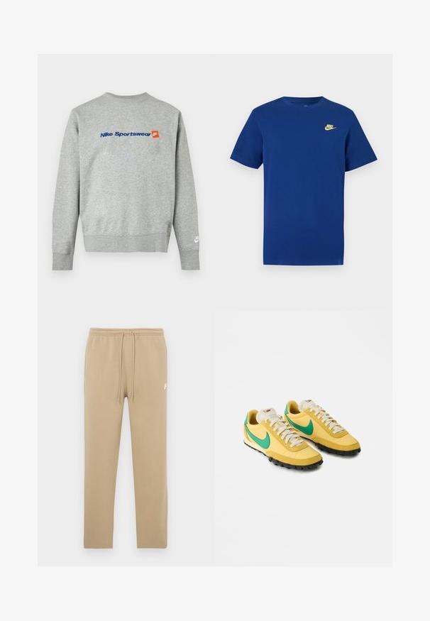 Ανοιχτό γκρι φούτερ Nike με μπλε κείμενο "Nike Sportswear" και μικρό πορτοκαλί λογότυπο Nike στο στήθος, λευκό λογότυπο Nike στο αριστερό μανσέτα του καρπού.; Μπλούζα σε ναυτικό μπλε με κοντά μανίκια, μικρό κίτρινο λογότυπο Nike στην αριστερή πλευρά του στήθους και στρογγυλή λαιμόκοψη.; Μπεζ φόρμες με ελαστική μέση και κορδόνια, με λευκό μικρό λογότυπο Nike στο πάνω αριστερό μηρό.; Κίτρινες αθλητικές παπούτσια Nike με πράσινα λογότυπα swoosh, λευκές κορδόνες και μαύρες υφασμάτινες σόλες, γυρισμένα προς τα δεξιά σε λευκό φόντο.