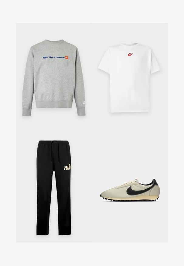 Ανοιχτό γκρι φούτερ Nike με μπλε κείμενο "Nike Sportswear" και μικρό πορτοκαλί λογότυπο Nike στο στήθος, λευκό λογότυπο Nike στο αριστερό μανσέτα του καρπού.; Λευκό κοντομάνικο μπλουζάκι με μικρό κόκκινο λογότυπο χαμογελαστής φατσούλας, το οποίο βρίσκεται στο κέντρο κοντά στο ντεκολτέ μπροστά.; Μαύρη φόρμα κατασκευασμένη από μαλακό ύφασμα, με ελαστική μέση και κορδόνια, στενά μπατζάκια και χρυσή κεντημένη στάμπα "nike".; Μπεζ καμβαδίνη αθλητικά με μαύρες δερμάτινες λεπτομέρειες, στρογγυλή μύτη, επίπεδη μαύρη σόλα και λευκές κορδόνες. Διαθέτει έντονο μαύρο λογότυπο.