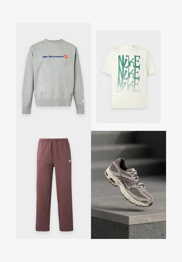 Ανοιχτό γκρι φούτερ Nike με μπλε κείμενο "Nike Sportswear" και μικρό πορτοκαλί λογότυπο Nike στο στήθος, λευκό λογότυπο Nike στο αριστερό μανσέτα του καρπού.; Λευκό T-shirt με κοντά μανίκια με μεγάλο πράσινο παραμορφωμένο κείμενο «NIKE» στοιβαγμένο κατακόρυφα και μικρό κείμενο «NIKE INC. OREGON, USA» στο κάτω μέρος.; Καφέ φόρμα Nike με ελαστική μέση και κορδόνι, με μικρό λευκό λογότυπο Nike στο αριστερό μηρό.; Γκρι και μπεζ αθλητικό παπούτσι Nike αιωρείται στον αέρα πάνω από τσιμεντένιο χείλος με θολές σκάλες στο φόντο.