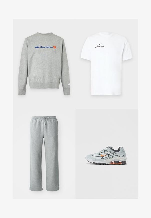 Helehall Nike pusa sinise "Nike Sportswear" tekstiga ja väikese oranži Nike logoga rinna piirkonnas, valge Nike logo vasakul randmeserval.; Valge lühikeste varrukatega puuvillane t-särk. Esiküljel vasakul rinnal on must "Nike Official" logo ja must Swoosh.; Hallide hallast puuvillased dressipüksid elastse vöökohtadega, nööriga sulgemise ja sirgete jalgadega. Ülemises vasakus nurgas on väike logo.; Helehall jooksujalats mustade aksentide, oranži logoga, võrkkattega pealosa, pehmendatud krae ja kummist tallaga, millel on nähtavad lööke neelavad elemendid.