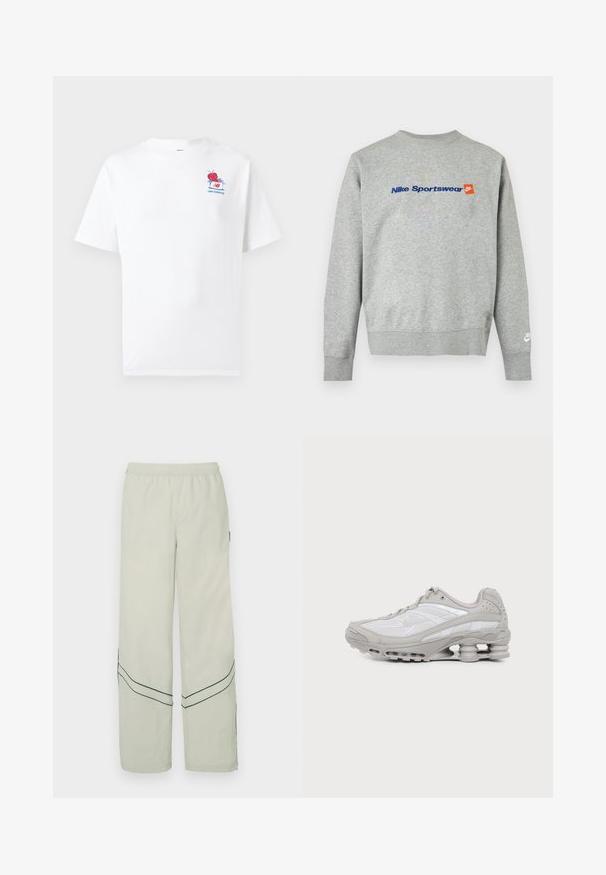 Svetlo siva Nike majica s kapuco z modrim napisom "Nike Sportswear" in majhnim oranžnim Nike logotipom na prsih, belim Nike logotipom na levem manšetnem ovratniku.; Bela bombažna majica s kratkimi rokavi, okroglim izrezom in barvnim motivom vrtnice ter napisom na levi strani prsnega koša.; Svetlo zelene široke hlače z elastičnim pasom, z temno zelenimi diagonalnimi črtami in preprostim dizajnom. Gladek, lahek material.; Sivo-belo športno copato z vidnim zračnim blažilcem na podplatu in mrežicnimi paneli, prikazana v profilu na preprostem svetlem ozadju.