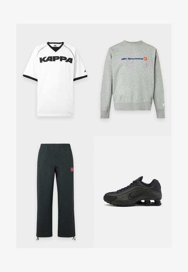 Sweat-shirt Nike gris clair avec texte bleu "Nike Sportswear" et petit logo Nike orange sur la poitrine, logo Nike blanc sur le poignet gauche.; Maillot de sport blanc à manches courtes avec bordure noire, texte noir "KAPPA" sur la poitrine et petit logo sur la manche gauche.; Pantalon Nike vert foncé avec taille élastique, jambes droites, petit patch logo Nike rouge et blanc sur la cuisse, et cordons ajustables aux poignets.; Baskets de course noires avec une tige en synthétique lisse, des accents perforés, des panneaux latéraux texturés et une semelle distincte et rebondissante.