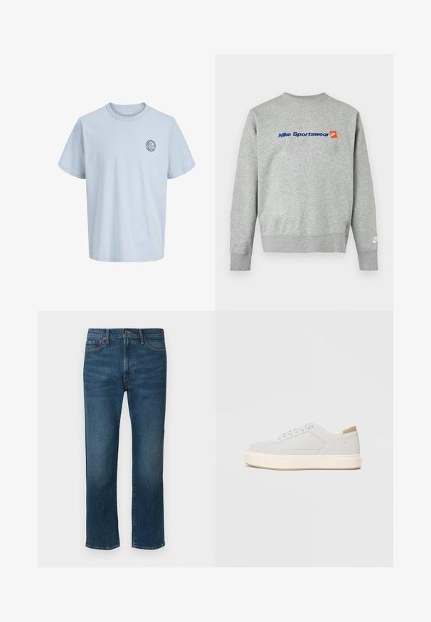 Ανοιχτό γκρι φούτερ Nike με μπλε κείμενο "Nike Sportswear" και μικρό πορτοκαλί λογότυπο Nike στο στήθος, λευκό λογότυπο Nike στο αριστερό μανσέτα του καρπού.; Ανοιχτό μπλε κοντομάνικο T-shirt με στρογγυλή λαιμόκοψη και μικρό κυκλικό λογότυπο στο αριστερό μέρος του στήθους που γράφει "Jack & Jones Since 1990."; Σκούρες μπλε τζιν παντελόνες με ίσια γραμμή, διαθέτοντας πέντε τσέπες και διακριτική πορτοκαλί ραφή. Το ύφασμα έχει ελαφρώς υφασμένη επιφάνεια.; Απαλά γκρι αθλητικά παπούτσια με ομαλή συνθετική επάνω επιφάνεια, στρογγυλή μύτη και υφή κρέμας στη μεσαία σόλα. Φωτεινές καφέ λεπτομέρειες στην φτέρνα.