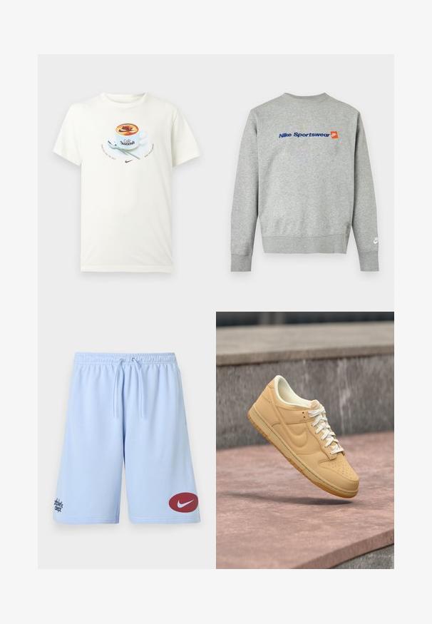 Svetlo siva Nike majica s kapuco z modrim napisom "Nike Sportswear" in majhnim oranžnim Nike logotipom na prsih, belim Nike logotipom na levem manšetnem ovratniku.; Bela majica s potiskom kave s skodelico kave z napisom "Café Swoosh," žličko na podstavku in logotipi Nike z besedilom "Crafted for the sole" in "Nike sportswear."; Svetlo modre športne kratke hlače z elastičnim pasom in zategovalnim trakom, na desni nogi z rdečim Nike logotipom, na levi strani pa napis "athletic dept.".; Nike nizka superga v bež barvi z belimi vezalkami in gumijastim podplatom, ki lebdi nad kamnito površino in betonskim ozadjem.