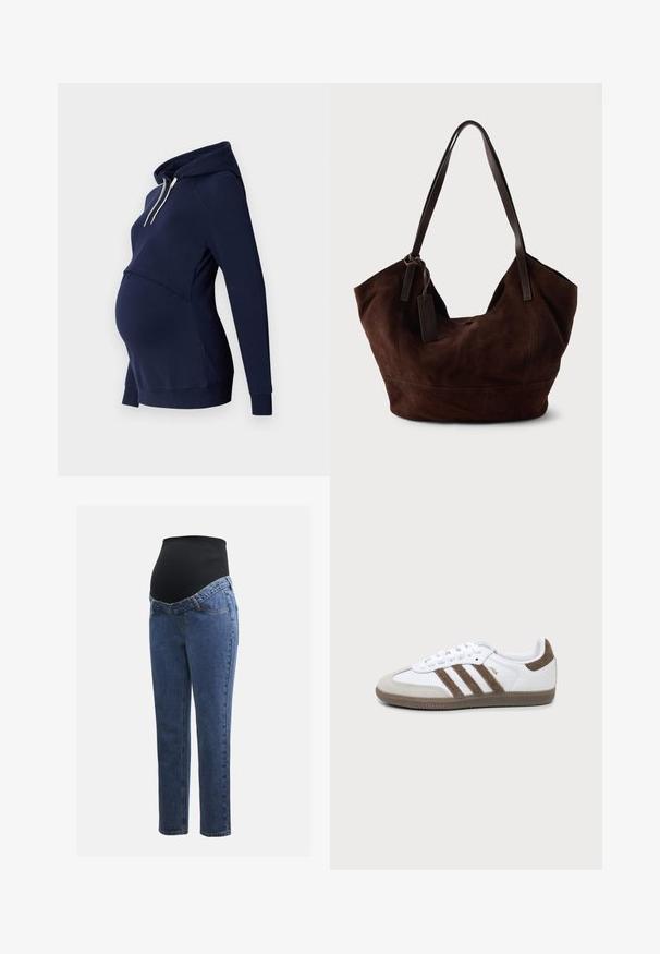 Sudadera con capucha azul marino con una costura delantera curva, diseñada para el uso durante el embarazo, con mangas largas y una textura suave.; Jeans de maternidad con piernas de denim azul y un panel abdominal elástico negro diseñado para soportar y cubrir una barriga en crecimiento.; Zapatilla Adidas Samba blanca y marrón con tres franjas marrones, cordones y suela texturizada mostrada de lado sobre un fondo liso.; Bolso de ante marrón con una forma suave y caída. Presenta asas de cuero y un acento de etiqueta. Textura lisa con costuras curvas.