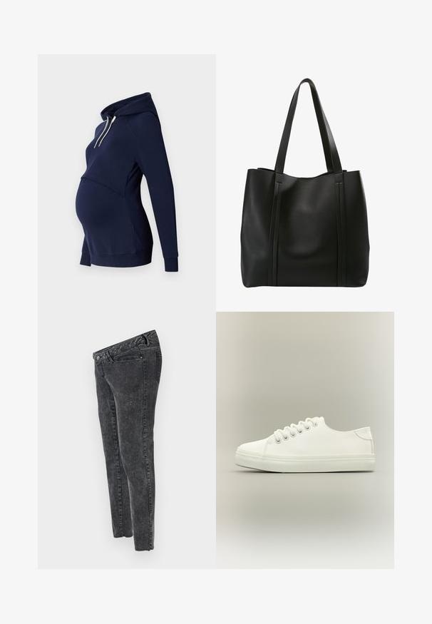 Mørkeblå hættebluse med en buet frontfælling, designet til gravide, med lange ærmer og en blød tekstur.; MAMALICIOUS Slim fit Mid waist Raw hems - Jeans Slim Fit - grey denim; Hvid lavtop sneaker med hvide snørebånd og gummisål vist fra siden på en neutral baggrund.; Sort læder tote bag med to lange håndtag, der har et minimalistisk design, glat tekstur og lodrette sømme på fronten.