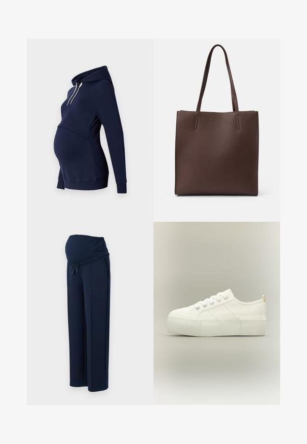 Sudadera con capucha azul marino con una costura delantera curva, diseñada para el uso durante el embarazo, con mangas largas y una textura suave.; Pantalones de maternidad de color navy, confeccionados en una tela suave, con una cinturilla elástica y cordón ajustable, y con dos bolsillos laterales para mayor comodidad.; Zapatilla de plataforma blanca con suela gruesa y texturizada, cordones delanteros y detalles sutiles de costura sobre un fondo neutro.; Bolso tote de piel marrón con dos asas largas, que presenta una forma rectangular, textura lisa y un diseño minimalista sin elementos adicionales.