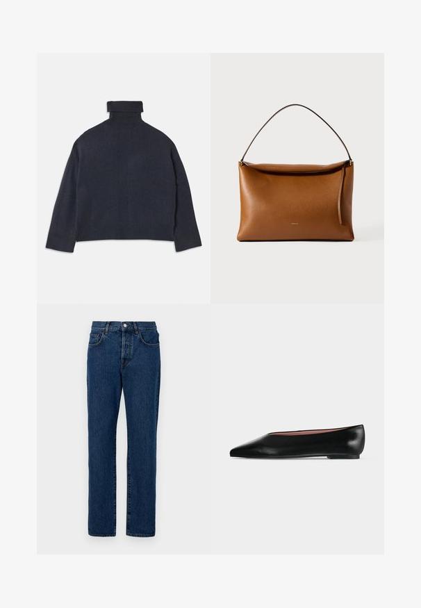 Mørkeblå turtleneck sweater med ribbet halsudskæring og detaljeret tekstur. Løs pasform, lange ærmer og subtile vertikale mønstre.; Mørkeblå denimjeans med klassisk lige benudskæring, fem lommer og synlig syning. Stoffet har en let struktur.; Sort damesko i læder med flad hæl og spids tå, vist fra siden på en ensfarvet lys grå baggrund.; Rektangulær skuldertaske i lysebrunt læder med en enkelt strop og en toplynlås mod en ensfarvet hvid baggrund.