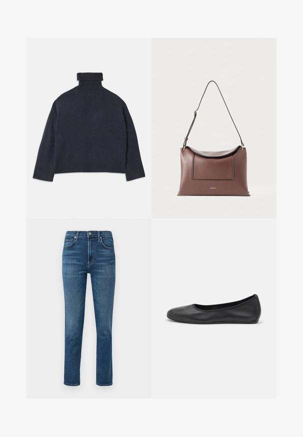 Marineblauer Rollkragenpullover mit geripptem Kragen und detaillierter Textur. Lockere Passform, lange Ärmel und dezente vertikale Muster.; Dunkelblaue Denim-Jeans mit geradem Bein, fünf Taschen-Design und einem Metallknopf an der Taille. Dezente Ausbleichungen und Nähedetails.; Schwarze Leder-Ballettschuhe mit abgerundeter Spitze, glatter Textur, minimalen Nähdetails und einem flexiblen Sohlen-Design.; Braune, strukturierte Lederhandtasche mit einem gewölbten Deckel, horizontaler Form, schwarzen Akzenten und einem langen Riemen, der mit goldfarbener Hardware gesichert ist.