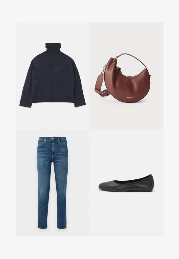 Mørkeblå turtleneck sweater med ribbet halsudskæring og detaljeret tekstur. Løs pasform, lange ærmer og subtile vertikale mønstre.; Mørkeblå denim jeans med lige ben, fem-lomme design og en metalknap i taljen. Diskret falming og syninger.; Sort læderballetsko med rund tå, glat tekstur, minimal syning og et fleksibelt såldesign.; Brun læder håndtaske i halvmåneform med gylden lynlås og justerbar skulderrem på hvid baggrund.