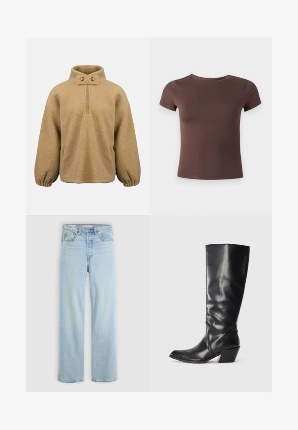 Beez fleecest pullover kõrge kraega, pooltõmblukuga ees ja kahe dekoratiivse nööbiga. Sellel on elastsed mansetid ja pehme, tekstuuriga pind.; Lühike pruun lähedalt istuv T-särk lühikeste varrukatega ja ümar kaelusega ühevärvilise heleda taustaga.; Heledad sinine teksad sirge jalaga lõikega, millel on viis taskut, klassikaline lukk ja nähtavad õmblusaktsentide detailid.; Must kollane nahaksaapad, millel on teravvarvas, nurgeline kont ja sile pind. Külgedel on diskreetne õmblusega detail.