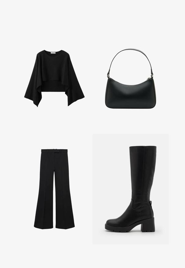 Zwart cropped top met wijde, vloeiende lange mouwen en een ronde halslijn, gemaakt van zachte stof.; Zwarte wijde broek met hoge taille, gestructureerd ontwerp en voorplooien. Gemaakt van een gladde stof met een discrete tailleband en riemlussen.; Even&Odd Plateaulaarzen - black; Zwarte leren schoudertas met een gebogen vorm, enkele platte schouderband en een ritssluiting aan de bovenkant. Glad textuur met minimale hardware-details.