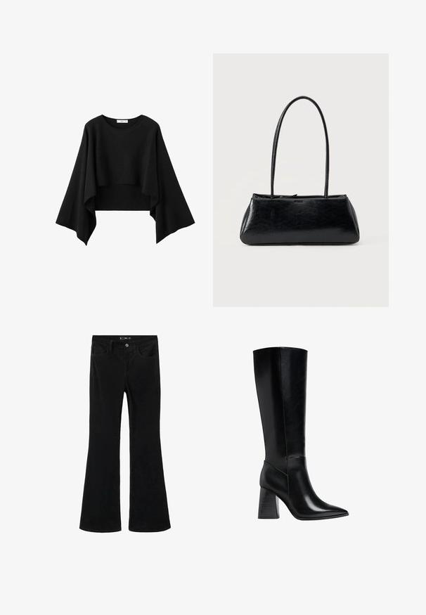 Haut noir court avec de larges manches longues fluides et un col rond, en tissu doux.; Jean évasé noir en denim, avec une taille haute, un design à cinq poches et une texture subtile agrémentée de détails de coutures le long des coutures.; Bottes noires montantes en cuir lisse, avec un bout pointu et un talon carré avec des rayures verticales. Design minimaliste.; Sac à épaule rectangulaire noir avec de longues bretelles fines et une texture lisse et brillante sur un fond uni.