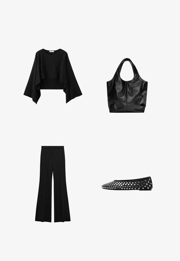 Haut noir court avec de larges manches longues fluides et un col rond, en tissu doux.; Pantalon noir taille haute avec jambes évasées larges, passants de ceinture et pli avant, sur fond blanc.; Chaussure plate noire avec un bout arrondi et des embellissements cloutés. Le matériau supérieur est lisse, avec un accent texturé près du bout.; Sac fourre-tout en cuir noir avec une texture lisse, un haut arrondi doux et de larges poignées. Présente une couture minimale et une silhouette décontractée.