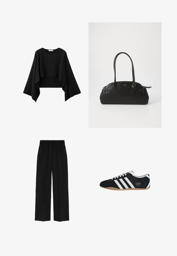 Sort kort top med brede, flydende lange ærmer og rund halsudskæring, lavet af blødt stof.; Marks & Spencer WIDE LEG - Bukser - black; Sort ruskinds sneaker med hvide tre striber, guldlogo og en brun gummisål. Har et lavprofil snørebåndsdesign.; Sort læderhåndtaske i rund form, med to lange håndtag, guldfarvet hardware og et lille mærke vedhæftet. Lynlåslukning på toppen.